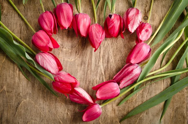 O quadro em forma de coração de tulipas frescas está colocando em um velho rusti — Fotografia de Stock