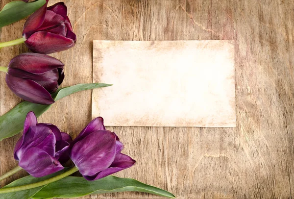 O velho cartão e tulipas frescas de canto está deitado no bac de madeira — Fotografia de Stock