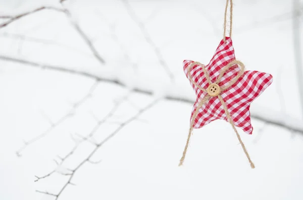 Textile étoile rouge sur brunch d'arbres enneigés en hiver — Photo