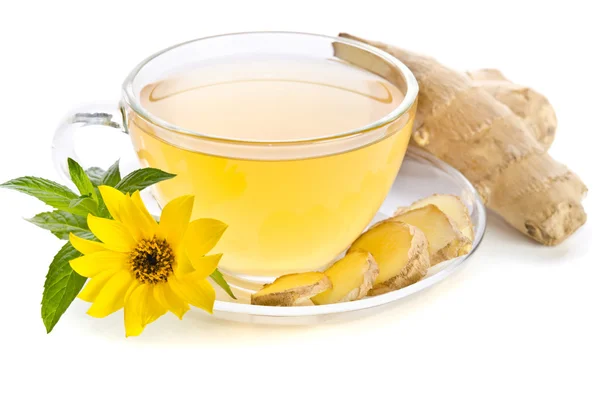 Cup of tea with  ginger slices and  Echinacea flower near isolat — Stock Photo, Image