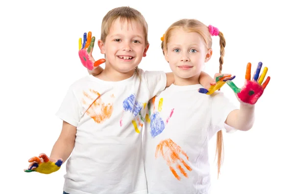 Funny boy and girl with hands painted in colorful paint  isolate — Stock Photo, Image