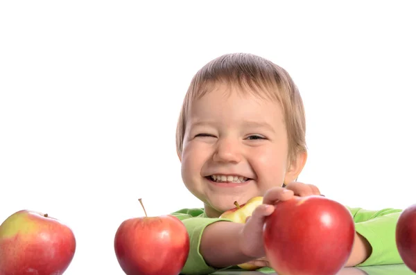 Cute child with red apples isolated on white background — Stock Photo, Image