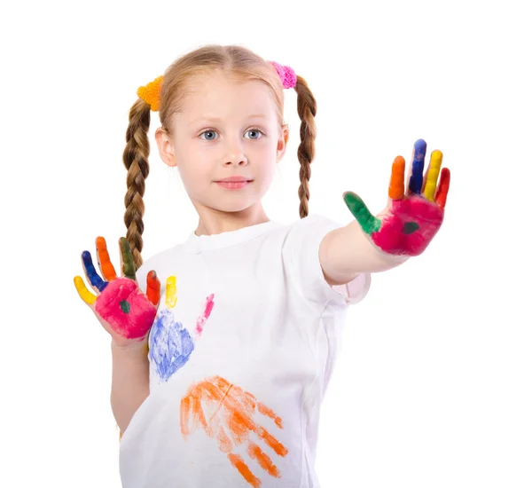 Funny girl with hands painted in colorful paint  isolated on whi — Stock Photo, Image
