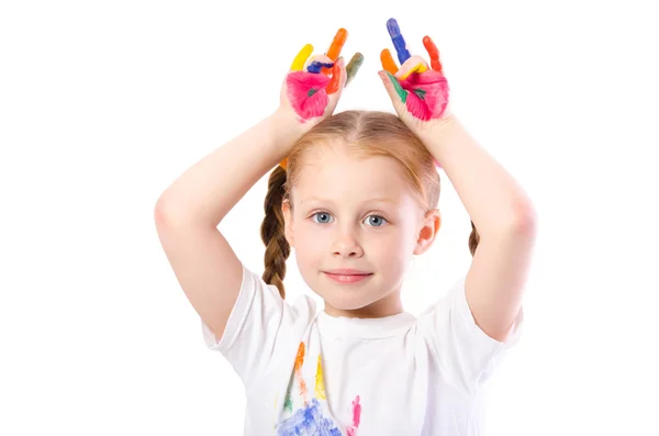 Chica divertida con las manos pintadas en pintura de colores aislados en whi — Foto de Stock