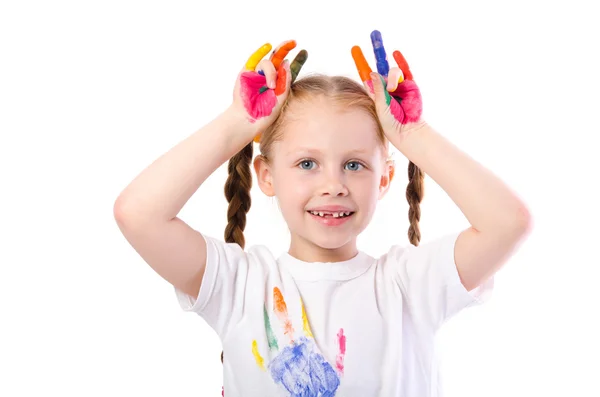 Chica divertida con las manos pintadas en pintura de colores aislados en whi — Foto de Stock