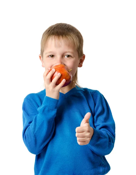 Young boy with red apple isolated on white — Stock Photo, Image