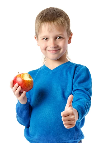 Young boy with red apple isolated on white — Stock Photo, Image