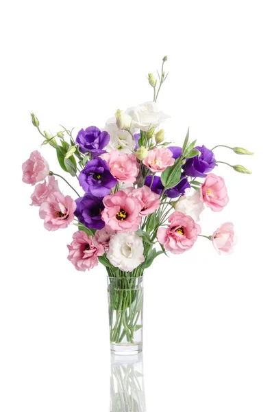 Ein Bund von violetten, weißen und rosa Eustoma-Blüten in der Glasvase ist — Stockfoto