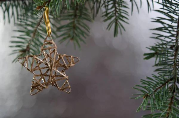 Stella Oro Ramo Albero Natale Sfondo Argento Decorazione Anno Nuovo — Foto Stock