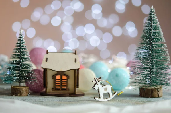 Composição Brinquedos Ano Novo Árvore Natal Casa Decoração Natal — Fotografia de Stock