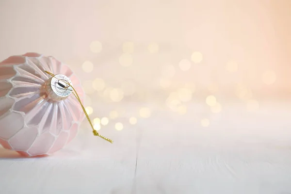 Pink Christmas Ball White Wooden Top Christmas Decorations — Stock Photo, Image