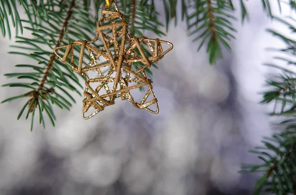 Estrella Oro Navidad Colgando Una Rama Abeto Sobre Fondo Plateado — Foto de Stock