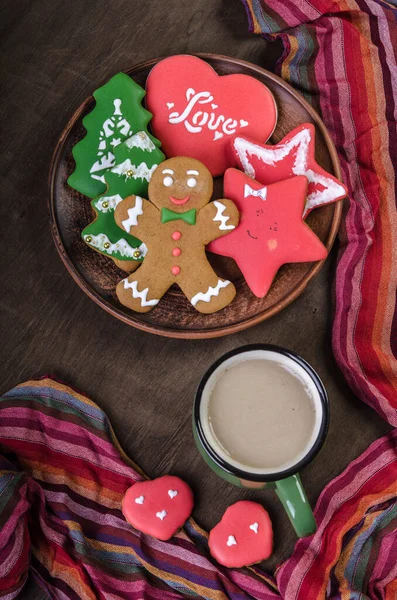 Christmas Gingerbread Cookies Bowl Striped Scarf Dark Background Christmas Decoration — Stock Photo, Image