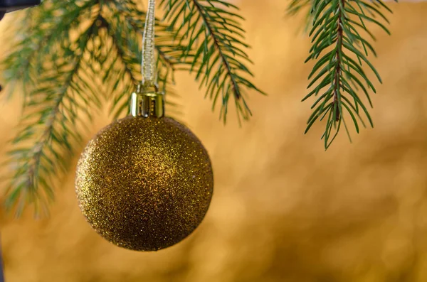 Bola Dorada Una Rama Árbol Navidad Sobre Fondo Dorado Decoración —  Fotos de Stock