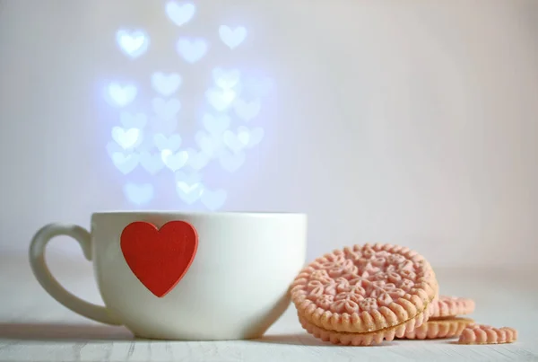 White Cup Heart Lights Cheerful Mood Cookies — Stock Photo, Image