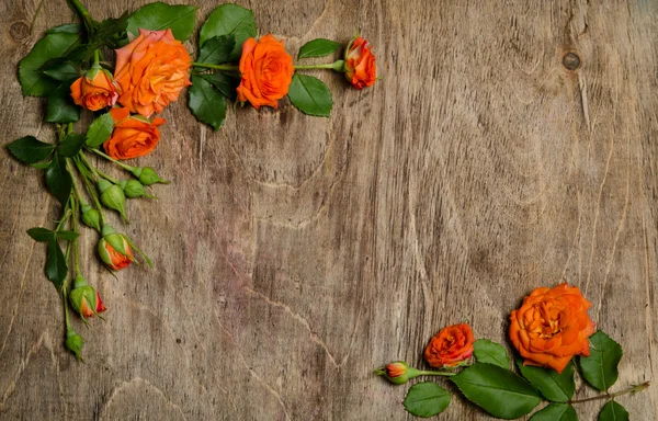 Roses with leaves frame on wooden background — Stock Photo, Image