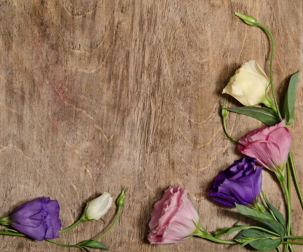 Hermosas flores eustoma con hojas y brotes en el fondo de madera —  Fotos de Stock