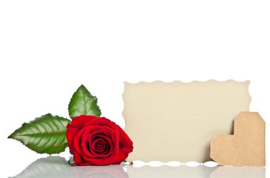 valentine ve metin için boş hediye kartı ile kırmızı gül üzerinde beyaz ba