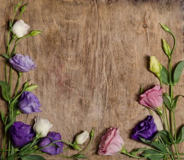 güzel eustoma çiçeklerle yapraklar ve ahşap backgrou tomurcukları