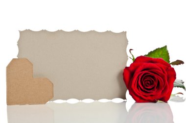 valentine ve metin için boş hediye kartı ile kırmızı gül üzerinde beyaz ba