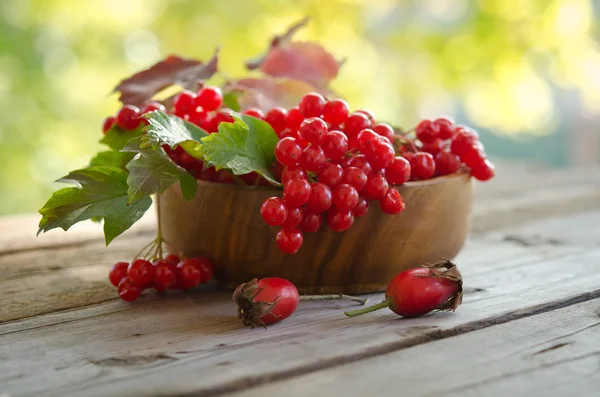 Bayas de Viburnum rojo en cuenco de madera sobre la mesa con dos rosa h —  Fotos de Stock