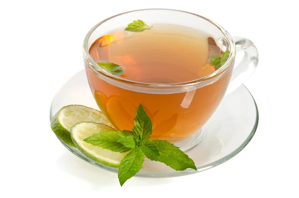 Glass Cup Tea With Mint And Slices Of Lime , Isolated On White Background. — Stockfoto