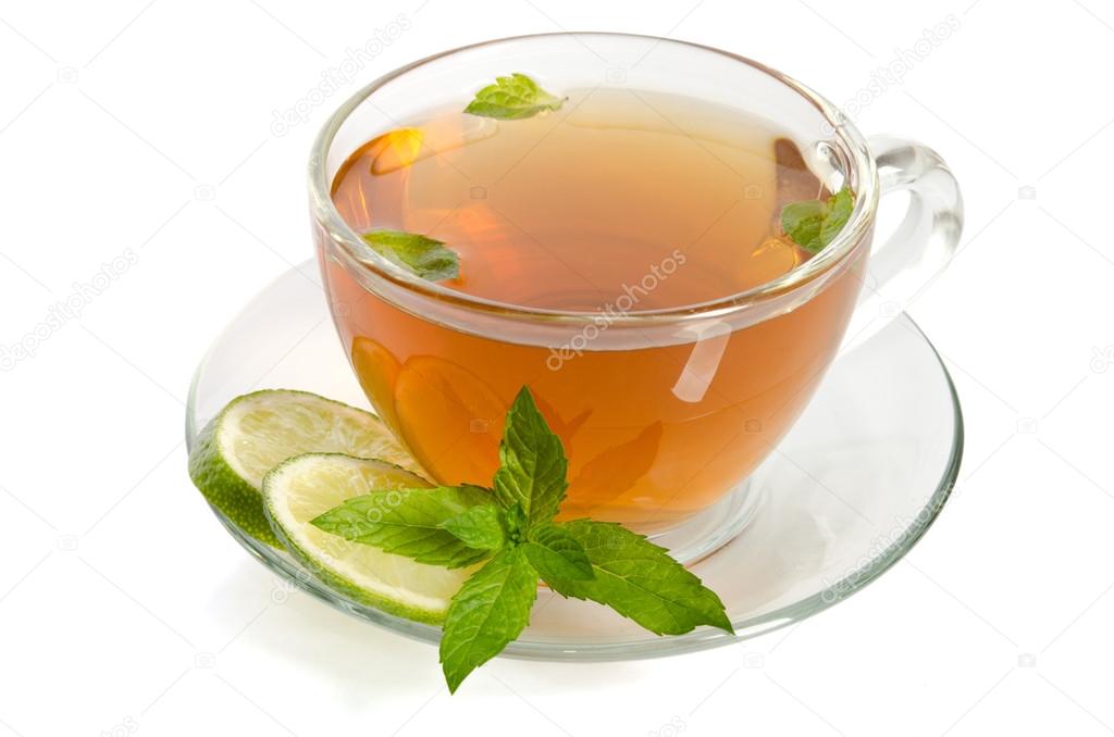 Glass Cup Tea With Mint And Slices Of Lime , Isolated On White Background.