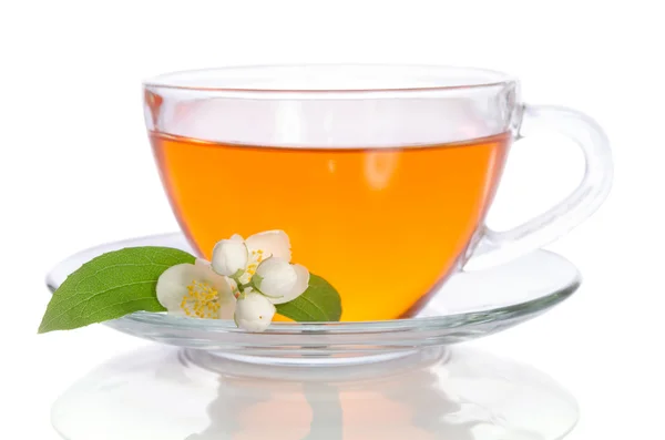 Glas kopje thee met jasmijn op de witte achtergrond — Stockfoto