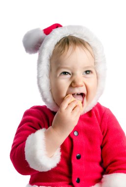 Komik bebek Noel Baba giysili kırık beyaz backgro yiyor.