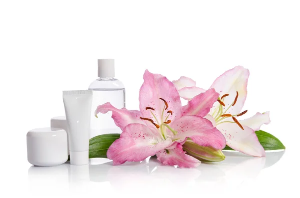 Cosmetic Set For Skin Care On A White Background With Flowers Lilies — Stock Photo, Image