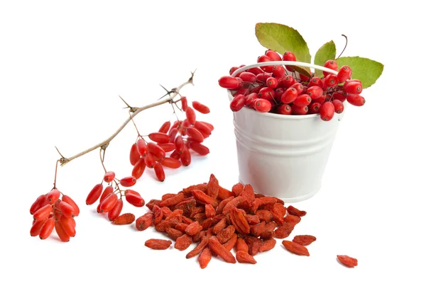 Balde de metal com berberries perto de montão de goji bagas isoladas — Fotografia de Stock