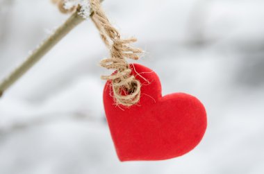 Kışın karlı ağaç brunch asılı kırmızı kalp