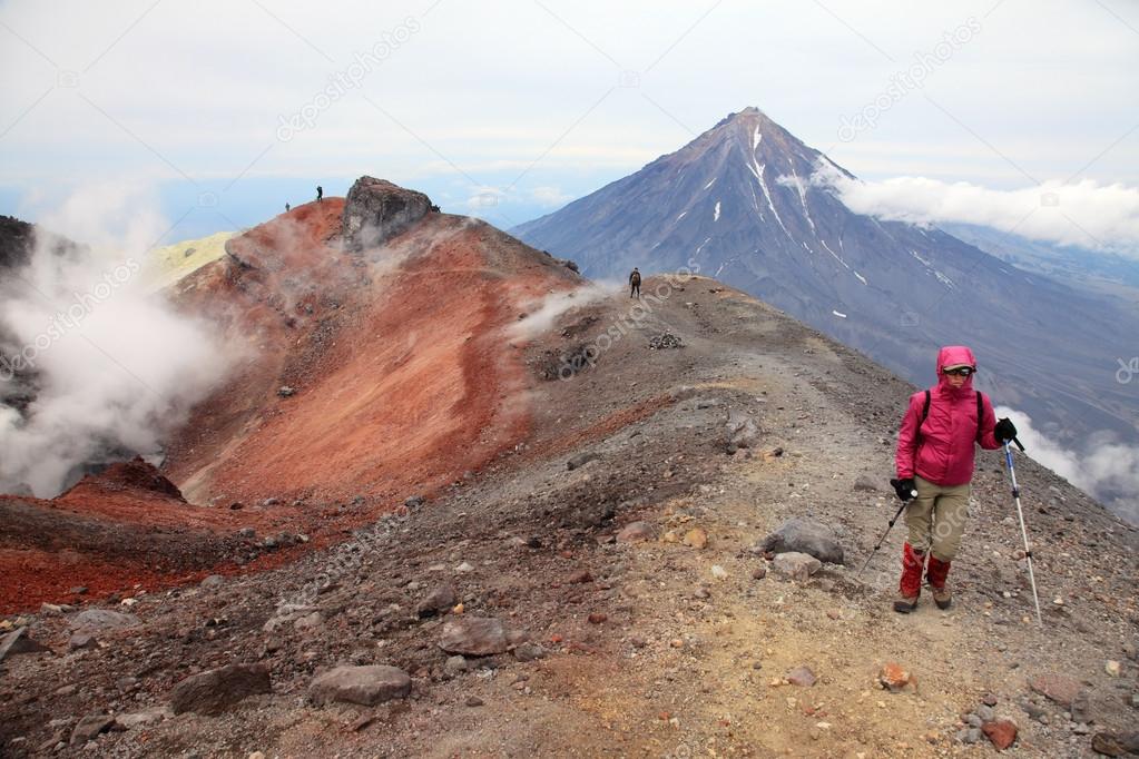Alpinist on the top of Avachinskiy volcano.