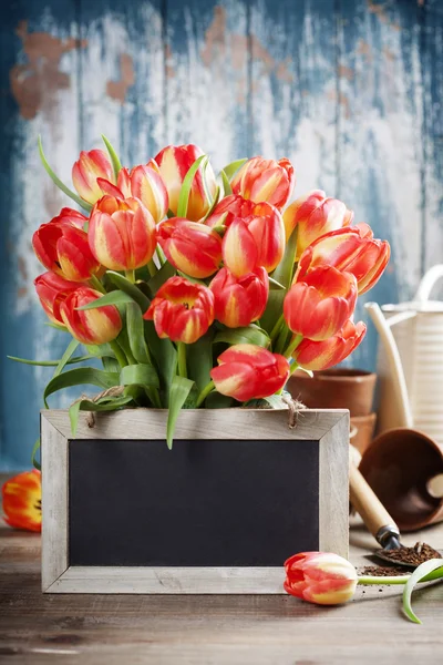 나무 테이블에 아름 다운 튤립 꽃다발 및 정원 도구 — 스톡 사진