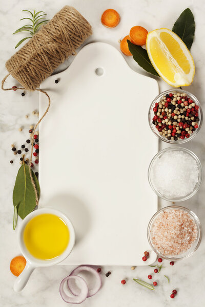  ingredients for cooking fish and seafood on marble background