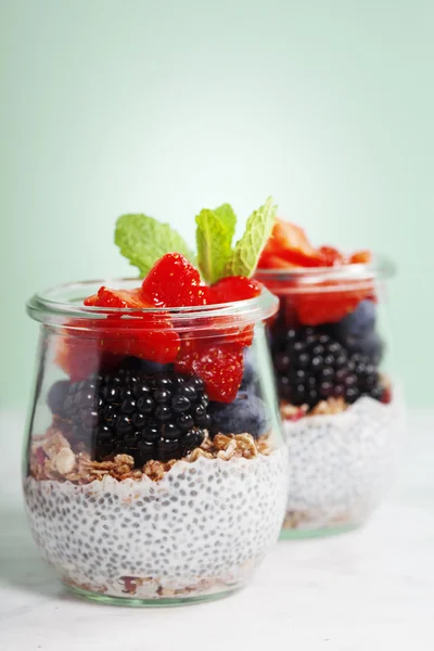 Sementes de chia pudim de baunilha e bagas — Fotografia de Stock