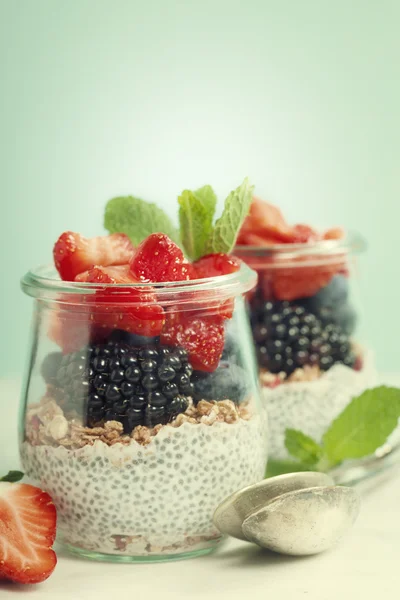 Sementes de chia pudim de baunilha e bagas — Fotografia de Stock