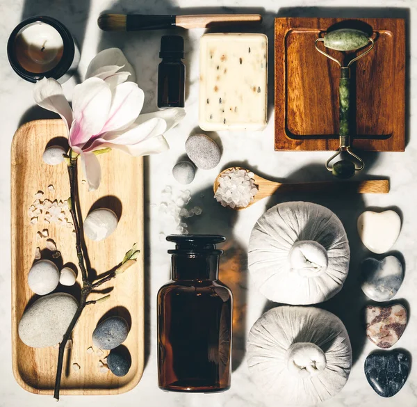 Produtos naturais de cuidados da pele flat lay. Zero resíduos, banheiro ecológico e acessórios de spa — Fotografia de Stock