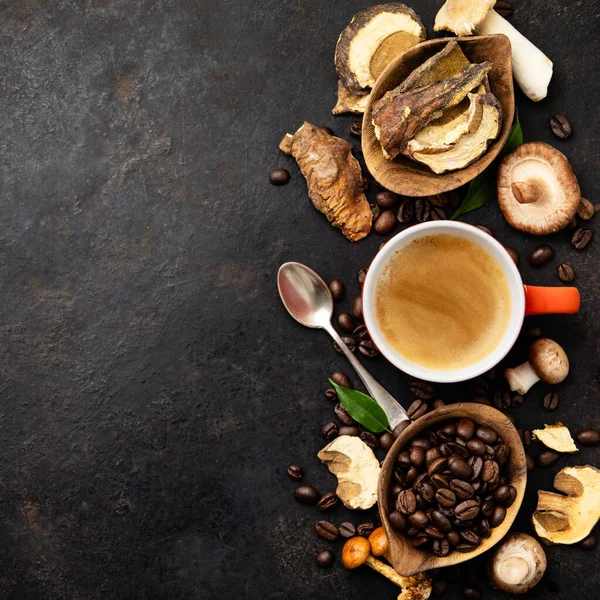 Грибы Чага кофе Суперфуд Сухие и свежие грибы и кофейные зёрна на тёмном фоне — стоковое фото
