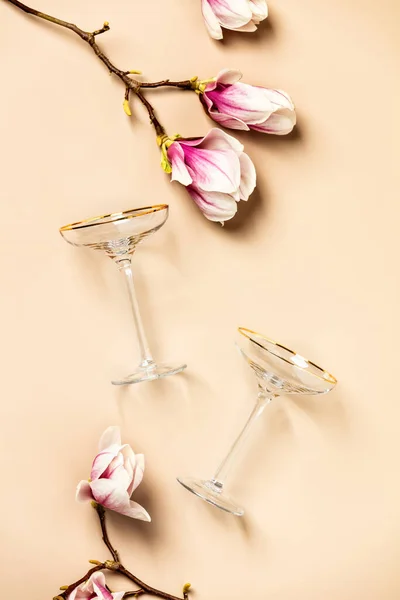 Spring Magnolia Flowers Wine Glasses Flat Lay Top View Celebration — Stock Photo, Image