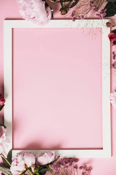 Válogatott rózsaszín virág és fehér keret határ rózsaszín háttér, lapos laikus — Stock Fotó