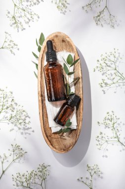 Beyaz arka planda, ahşap kasede bitkisel yağlar, düz yatış, üst manzara