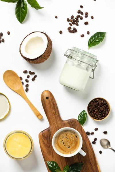 Ingredients for paleo style and ketogenic bulletproof coffee, , paleo, keto, ketogenic drink breakfast. — Stock Photo, Image