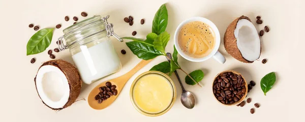 Ingredients for paleo style and ketogenic bulletproof coffee, , paleo, keto, ketogenic drink breakfast. — Stock Photo, Image