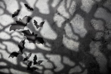 Cadılar bayramı ve dekorasyon - siyah kağıt yarasalar, ay ışığı ve korkunç ağaçlar arka plan