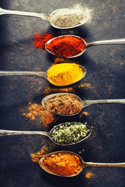 metal kaşık içinde renkli baharatlar 