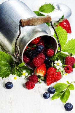 Tahta arka planda taze böğürtlen.