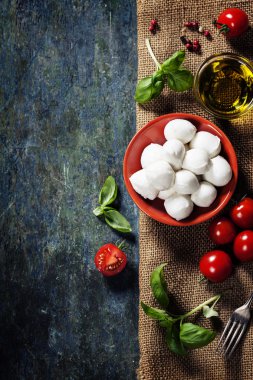 kiraz domates, fesleğen yaprağı, mozzarella peyniri ve zeytinyağı f