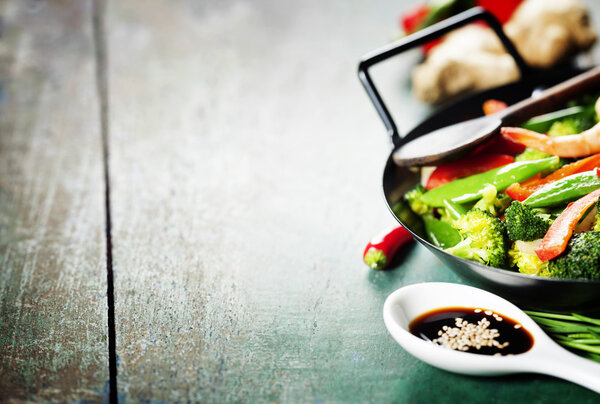 colorful stir fry in a wok