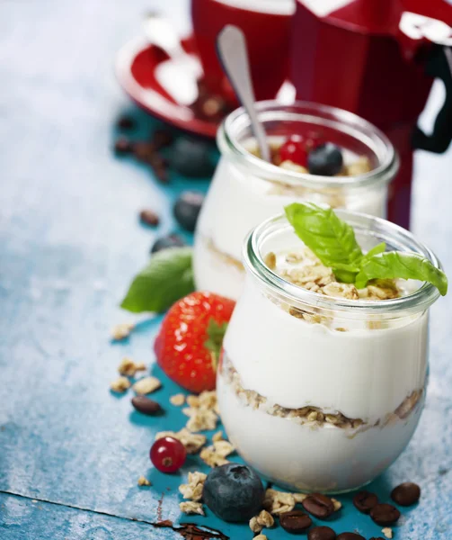 Gezond ontbijt - yoghurt met muesli en bessen - gezondheid en — Stockfoto